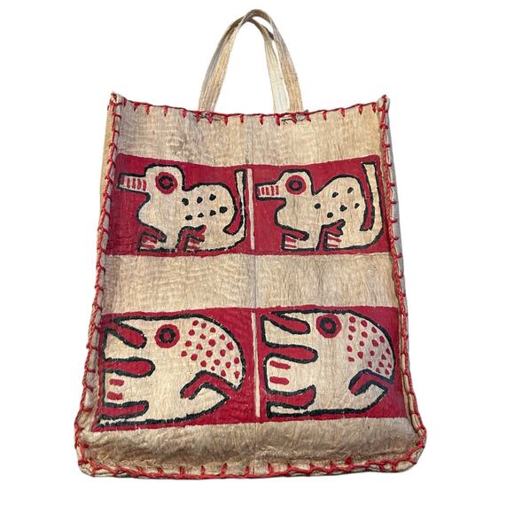 Vintage Tree Bark Natural Fiber Tribal Tote Bag Beige Red Handmade Art to Wear - Picture 1 of 16